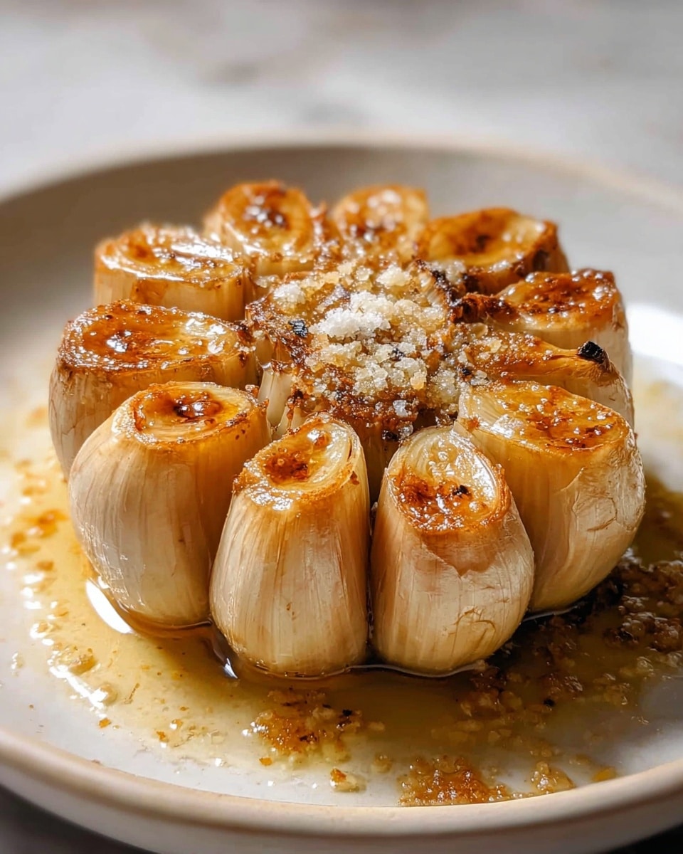 A whole roasted garlic bulb with its cloves cut but still attached in a circular shape, each clove showing a golden brown, slightly charred top layer with a shiny texture from oil or butter. The garlic sits in its light beige skin and is on a white plate, with small granules of coarse salt sprinkled over the top and some oily liquid pooled around the base. The background is a white marbled texture, and soft light highlights the warm colors and textures of the roasted garlic. photo taken with an iphone --ar 4:5 --v 7