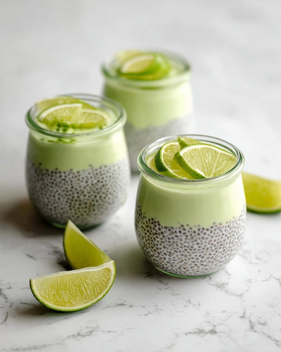 The image shows three small clear glass jars filled with a two-layered dessert on a white marbled surface. The bottom layer is light gray with tiny black chia seeds evenly spread, creating a dotted texture. The top layer is smooth, creamy, and pale green, covering about one-third of each jar. Each jar is topped with a thin slice of bright green lime, and one has a curled strip of lime peel placed on the lime slice. Around the jars, there are a few wedges of lime placed casually on the white marbled surface. The overall look is fresh, clean, and inviting. photo taken with an iphone --ar 4:5 --v 7