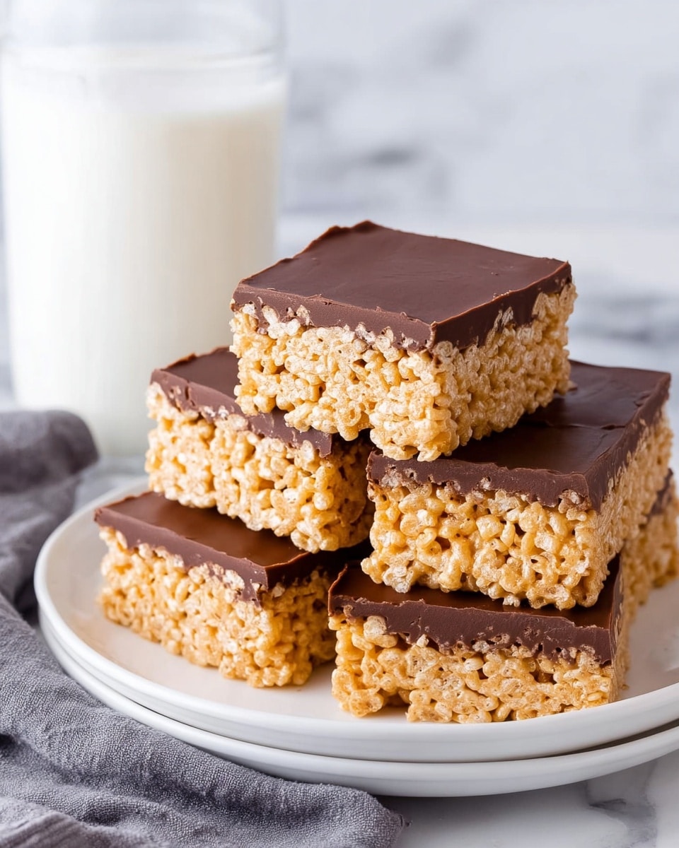 The image shows a stack of five square bars made of two layers. The bottom layer is a light golden, crunchy rice cereal that looks airy and textured. The top layer is smooth, shiny chocolate with a dark brown color, evenly spread over the cereal layer, creating a clean divide between the two layers. The bars are placed on a white plate, which sits on a white marbled surface. In the background, there is a clear glass filled with milk and a folded gray cloth. photo taken with an iphone --ar 4:5 --v 7