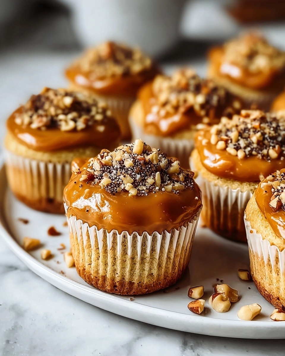 A close-up view of seven golden brown cupcakes arranged on a white plate, sitting on a white marbled surface. Each cupcake has one layer of smooth caramel glaze on top, with a textured sprinkle of chopped nuts and small dark crumbs concentrated in the center. The cupcake wrappers are white and slightly crinkled. Some nut pieces are scattered around the base of the cupcakes on the plate, adding to the rustic look. The focus is on the front two cupcakes, with the others fading softly into the background. photo taken with an iphone --ar 4:5 --v 7