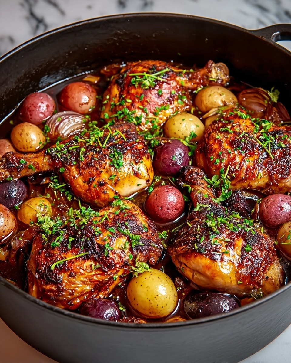 This image shows a black pot filled with five roasted chicken pieces that are golden brown with some charred spots, covered in a glaze. Around the chicken are whole and halved small potatoes in colors from deep red to purple and a few browned shallots. The dish is sprinkled with chopped green herbs on top. The dark sauce underneath has a shiny surface, pooling around the chicken and vegetables. The pot sits on a white marbled surface. photo taken with an iphone --ar 4:5 --v 7