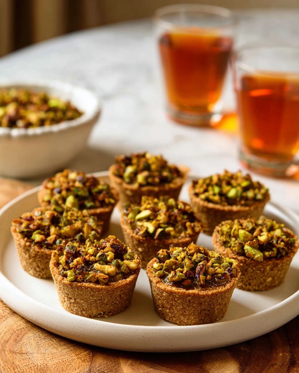 The image shows eight small round tarts arranged on a white plate with a smooth texture, placed on a wooden surface with white marbled background. Each tart has a thick golden-brown crust with a rough texture on the sides and is filled with a mixture of chopped nuts in green and brown colors, giving a slightly crunchy look. The toppings are uneven and appear roasted with a glistening, slightly oily finish. In the background, there is a white bowl with more of the nut mixture, and two glasses filled with amber-colored liquid, all slightly out of focus. The warm light highlights the earthy tones of the tarts and nuts. Photo taken with an iphone --ar 4:5 --v 7