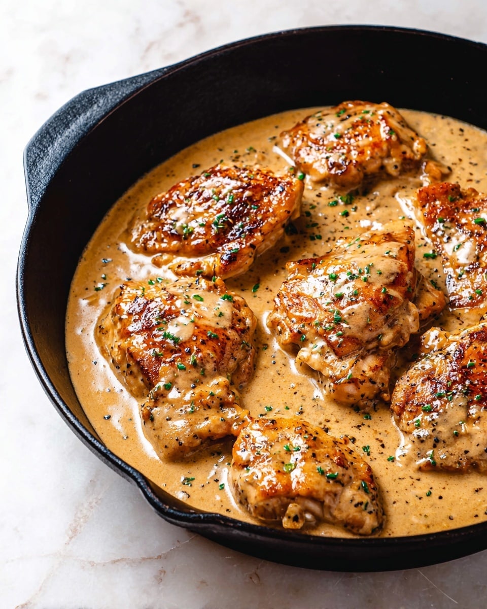 A black cast iron skillet filled with several pieces of browned chicken in a thick creamy beige sauce with visible black pepper and herbs. The sauce appears smooth and coats the chicken well, with small green herb pieces sprinkled on top. The chicken pieces have a shiny, slightly crispy texture and are layered over the rich sauce. The skillet sits on a white marbled surface, highlighting the warm tones of the dish. Photo taken with an iphone --ar 4:5 --v 7