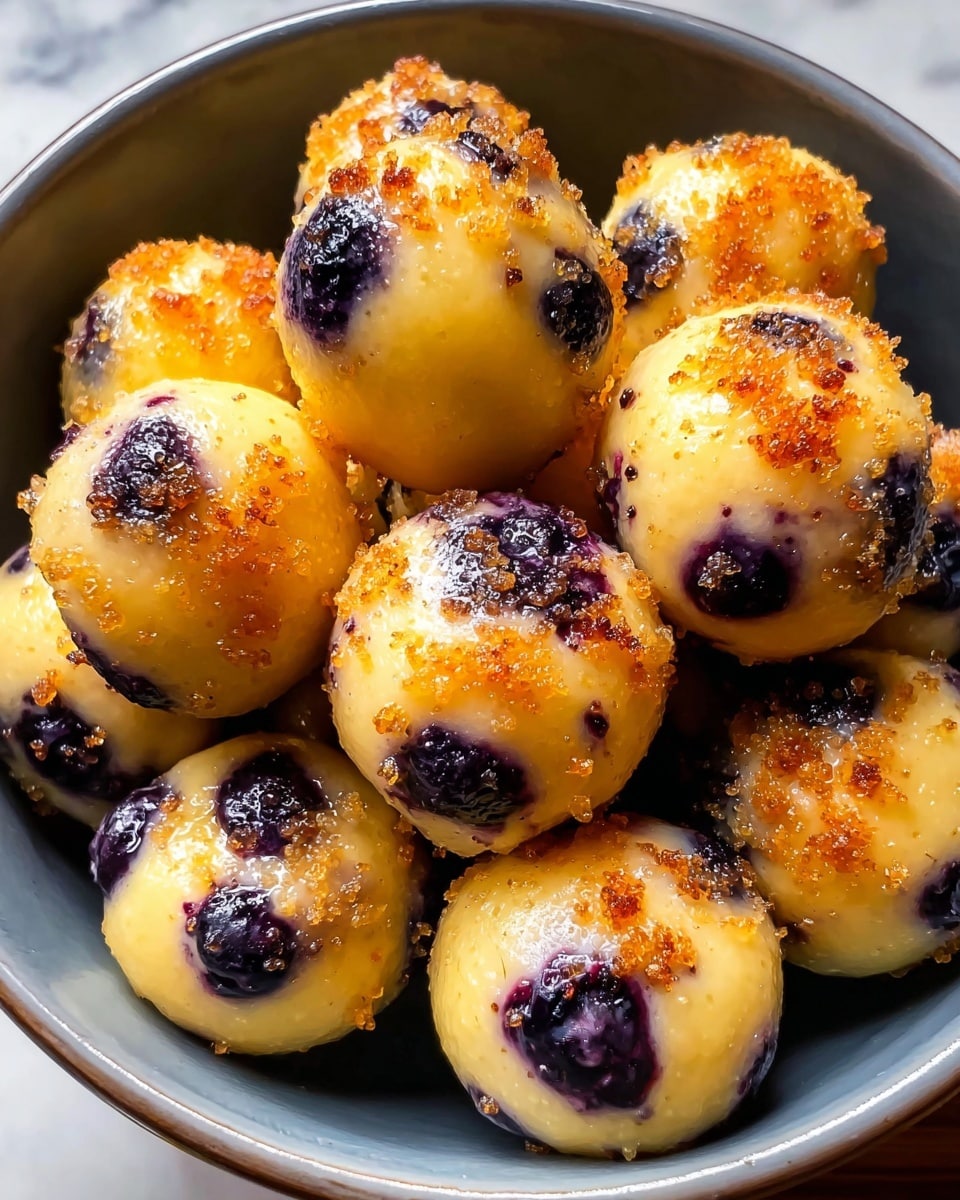 A close-up view of a bowl filled with round, golden-yellow balls embedded with dark purple blueberries evenly spread in the dough, each ball topped with a light sprinkle of browned sugar or crumbly topping that adds a slightly crispy texture. The balls have a glossy, slightly melted surface with some areas showing a light char, indicating a caramelized effect. The bowl is white with a muted blue-gray interior, resting on a white marbled textured surface, enhancing the warm colors of the dessert. photo taken with an iphone --ar 4:5 --v 7