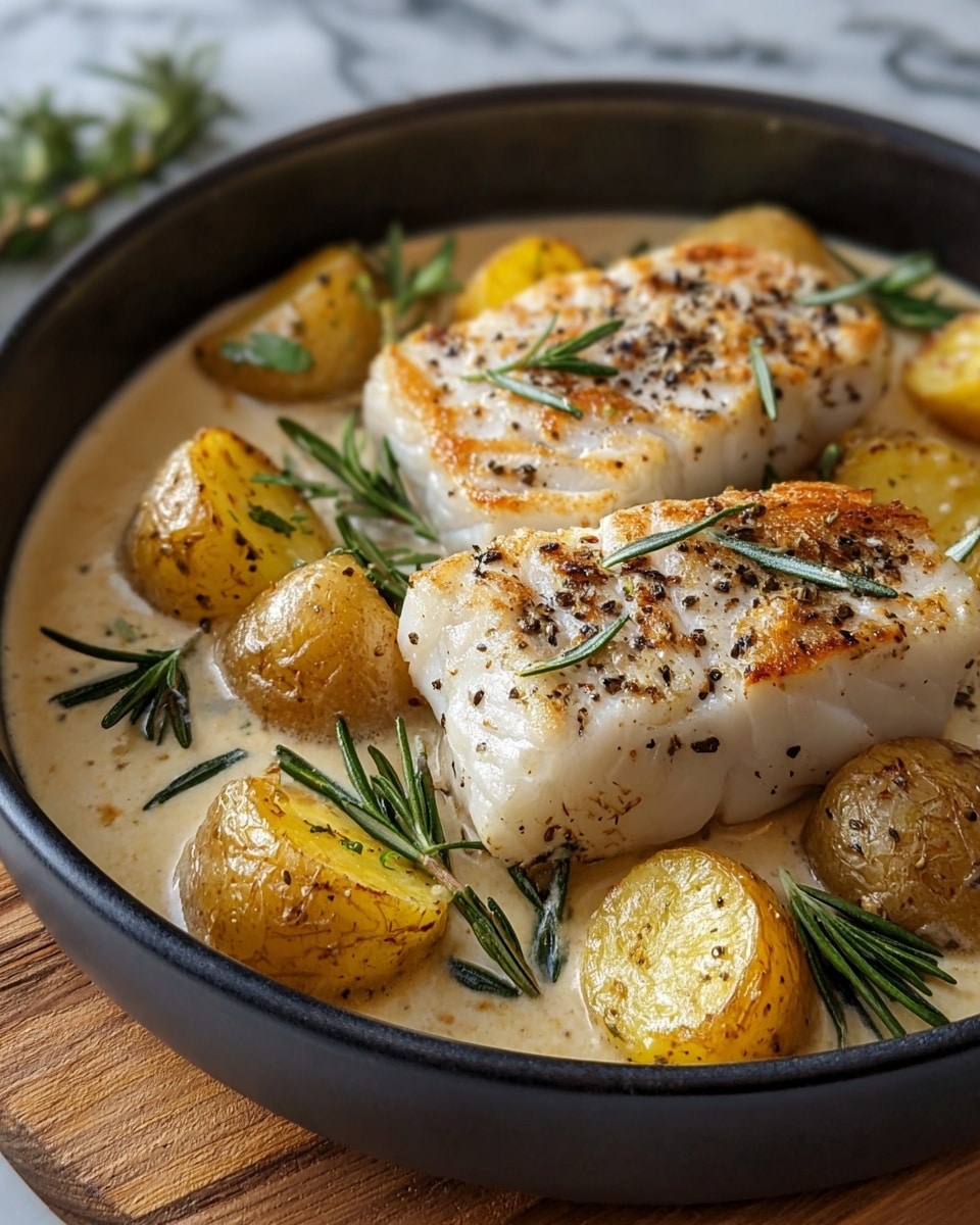 The image shows a dark pan filled with two thick, white pieces of grilled fish with golden brown sear marks on top, sprinkled with black pepper and fresh green rosemary leaves. Around the fish, there are several yellow potato slices with browned edges, partially submerged in a pale creamy sauce with visible herbs. The dish is set against a white marbled texture with some greenery blurred in the background. photo taken with an iphone --ar 4:5 --v 7