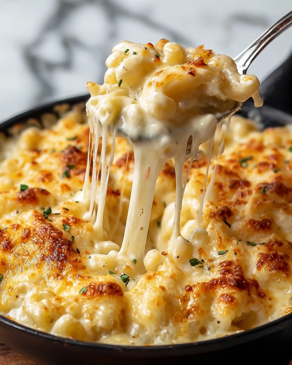 The image shows a close-up of creamy mac and cheese in a black skillet, with one layer of golden-brown melted cheese on top, bubbly with a slightly crispy texture and small browned spots. Underneath, there is a thick layer of soft, pale yellow macaroni covered in smooth, stretchy melted cheese that pulls away as a silver spoon lifts a scoop. Small green herb bits are scattered on the surface, adding a touch of color. The background features a white marbled texture. Photo taken with an iphone --ar 4:5 --v 7
