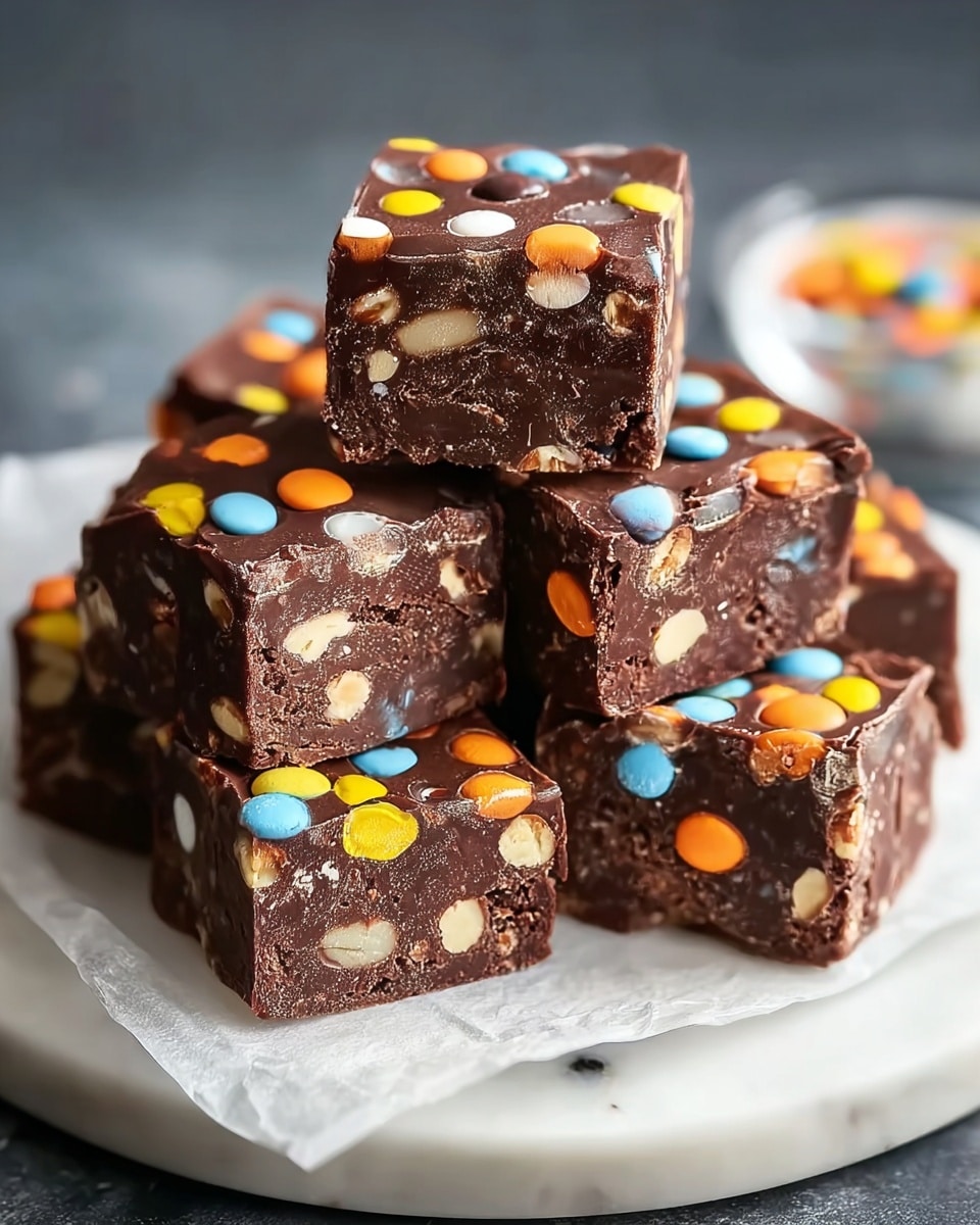 A stack of eight chocolate fudge squares is shown on a piece of white parchment paper atop a white plate, placed on a white marbled surface. Each square has two main layers: a thick, dark chocolate base with a dense, slightly crumbly texture filled with small white and yellow nut pieces inside, and a shiny chocolate top layer decorated with colorful candy-coated chocolate pieces in yellow, orange, blue, and white scattered evenly. The squares are arranged in a loose pile with the top piece slightly tilted forward, showing both the texture and colorful toppings clearly. photo taken with an iphone --ar 4:5 --v 7