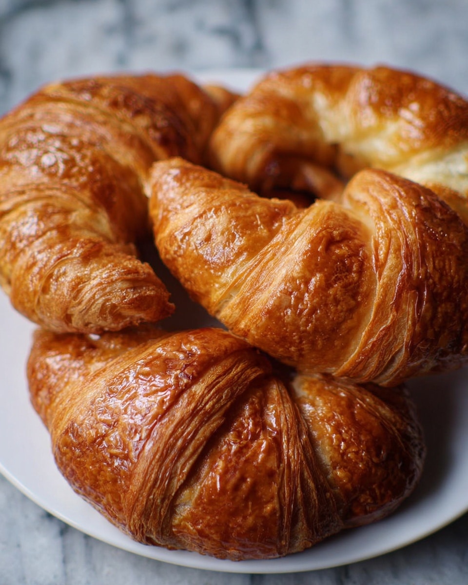 Three shiny, golden-brown croissants rest on a white plate, each showing many flaky layers with a slightly crispy texture on the outside. The croissants have a crescent shape with visible folds and soft, airy pastry layers inside. The close-up view shows the glossy surface from baking and the warm, light brown coloring that changes slightly with the light. The background is a white marbled texture. Photo taken with an iphone --ar 4:5 --v 7