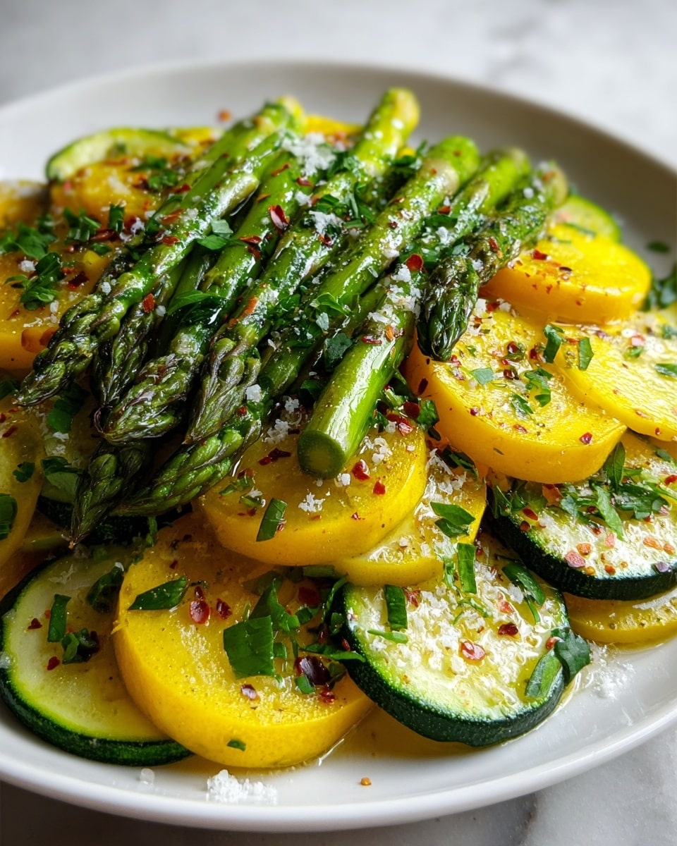 A close-up of a white plate filled with cooked vegetables arranged in layers: the bottom layer has round slices of bright yellow squash and green zucchini with visible seeds and a slightly soft texture, the middle layer shows green asparagus spears placed diagonally on top, and the dish is sprinkled with coarse salt, red pepper flakes, and chopped fresh green herbs, all placed on a white marbled surface. photo taken with an iphone --ar 4:5 --v 7