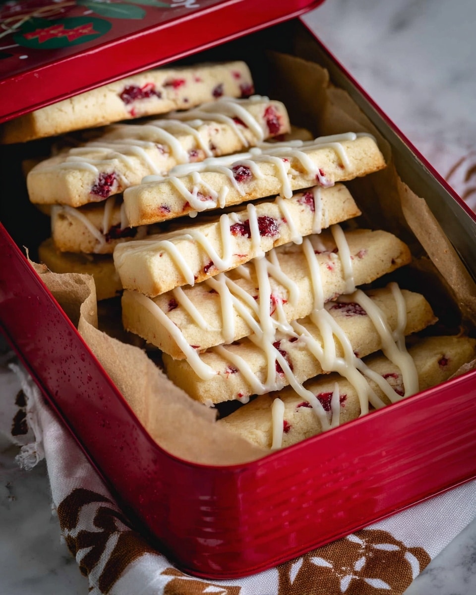 A red Christmas-themed tin box with a transparent lid holds a stack of rectangular pale yellow cookies with bits of red berries baked inside. Each cookie is topped with a thin, irregular drizzle of white icing, creating a striped pattern. The cookies are arranged overlapping each other inside the box, which is lined with brown parchment paper. The box sits on a white marbled surface with a white and brown patterned cloth peeking from under it. Photo taken with an iphone --ar 4:5 --v 7