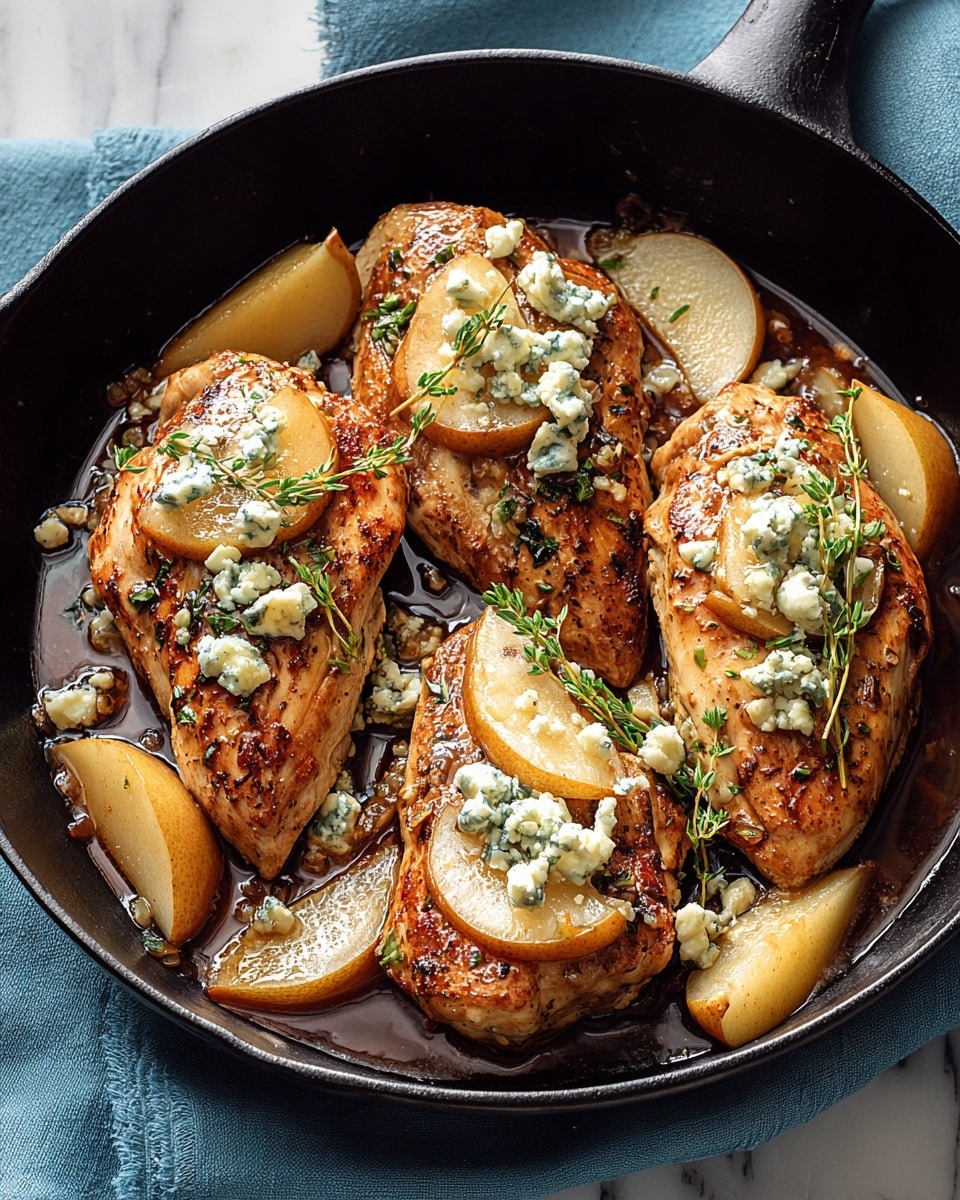 A black skillet holds three golden-brown roasted chicken breasts, each topped with crumbled blue cheese, thin slices of cooked pear, and small sprigs of fresh thyme. Around the chicken breasts, there are more pear wedges partially submerged in a glossy, dark brown sauce. The skillet rests on a soft blue cloth, all placed on a white marbled texture. The chicken has a slightly crispy texture with a shiny glaze, and the pears add a smooth, tender contrast. photo taken with an iphone --ar 4:5 --v 7