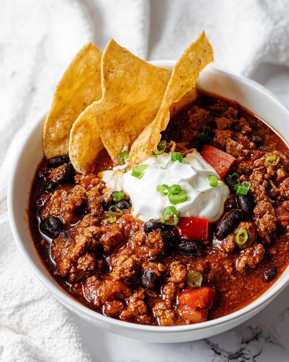 A white bowl filled with thick chili that has dark red and brown colors, showing chunks of cooked ground meat, black beans, and pieces of red bell pepper, topped with a dollop of white sour cream in the center. Two large, golden yellow tortilla chips stand upright on one side of the chili. Small bright green chopped scallions are sprinkled on top. The bowl is on a white marbled surface with a soft white cloth in the background. photo taken with an iphone --ar 4:5 --v 7