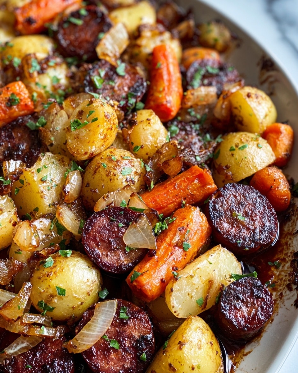 This close-up image shows a cooked dish with about three main layers of ingredients. The bottom layer is a mix of small, lightly crispy potatoes with a golden-brown color and some soft, caramelized onions scattered throughout. Above this, there are thick slices of cooked sausage that are dark brown with a slightly crispy texture. Interspersed among these are steamed carrots, cut into small chunks, showing a bright orange color with a soft texture. The overall dish glistens with oil and small fresh green herb pieces, making the food look juicy and well-seasoned. The background is a white marbled texture. photo taken with an iphone --ar 4:5 --v 7
