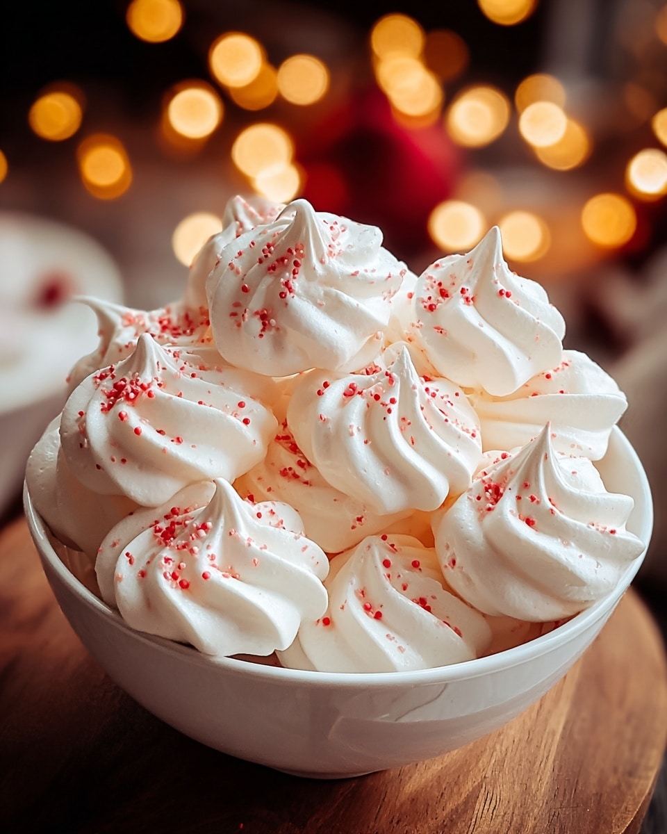 A white bowl filled with about twenty small, swirled white meringue cookies, each topped with tiny red sprinkles. The meringues have a smooth, airy texture and are shaped like little peaks, showing soft curves and ridges. The bowl sits on a wooden board, and in the background are blurred warm, orange Christmas lights, adding a cozy glow to the scene. The focus is tight on the meringues, highlighting their delicate texture and scattered red accents. photo taken with an iphone --ar 4:5 --v 7