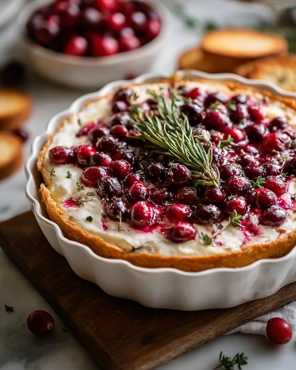 This image shows a round tart in a white ceramic dish with scalloped edges, set on a wooden board over a white marbled surface; the tart has a golden-brown crust as the first layer, topped with a thick creamy white layer that has slightly browned spots on top, then a layer of bright red and deep purple cranberries scattered unevenly across, some with a shiny, fresh look, others slightly wrinkled, and a sprig of fresh green rosemary placed in the center for garnish with small green thyme leaves scattered around the cranberries, creating a colorful, rustic look; the background is softly blurred with additional cranberries and toasted bread slices visible. photo taken with an iphone --ar 4:5 --v 7