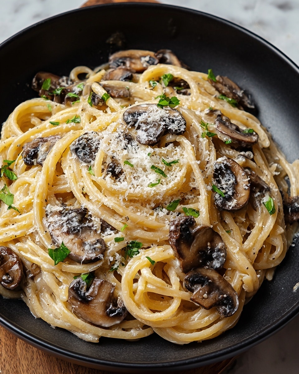 A close-up of a black bowl holding creamy pasta with several layers of light beige noodles twirled in the center. On top and mixed within the noodles are dark brown and shiny cooked mushroom slices scattered across with bright pieces of green herbs adding color contrast. A fine layer of grated cheese lightly covers the surface, adding texture and a pale white color. The black bowl sits on a white marbled surface, creating a clean and simple setting. photo taken with an iphone --ar 4:5 --v 7