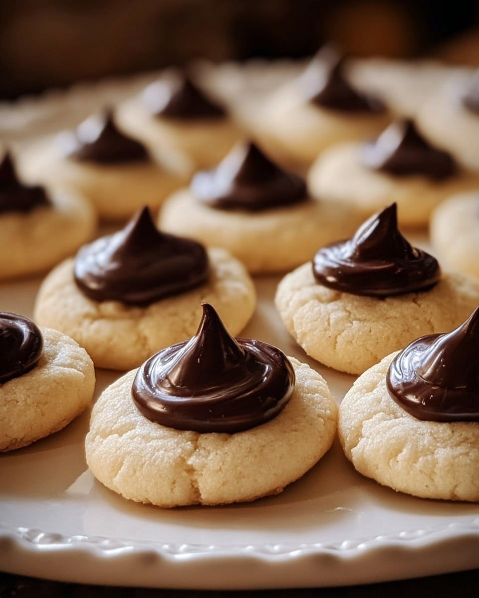 A close-up view of many small, round cookies arranged closely together on a white plate with a subtle decorative edge. Each cookie has two layers: the bottom layer is a light beige, soft-looking cookie with a smooth texture, and the top layer is a dollop of thick, glossy dark chocolate placed right in the center, shaped with two small peaks. The background is softly blurred with warm tones, and the focus is on the front row of cookies. photo taken with an iphone --ar 4:5 --v 7