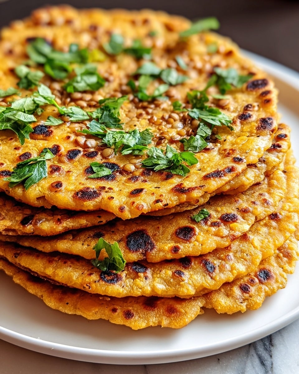 A stack of four square flatbreads with a golden brown color and scattered toasted spots, showing a slightly crispy and textured surface, each layer clearly visible, topped with bright green fresh herb leaves sprinkled evenly. The flatbreads are placed on a wooden board with a blurred white bowl in the background, sitting on a white marbled surface. Photo taken with an iphone --ar 4:5 --v 7