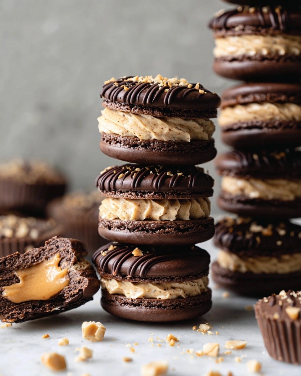 A tall stack of dark brown macarons with three clear layers is shown. The bottom layer is a solid chocolate cup base, the middle layer features a bright creamy beige peanut butter filling with a smooth, swirled texture, and the top layer is a dark brown macaron shell decorated with thin, dark chocolate drizzle and sprinkled tiny chopped nuts. To the left is a bitten round peanut butter cup with a visible bite showing a golden peanut butter center, placed on a white marbled surface with scattered nuts and crumbs around. photo taken with an iphone --ar 4:5 --v 7