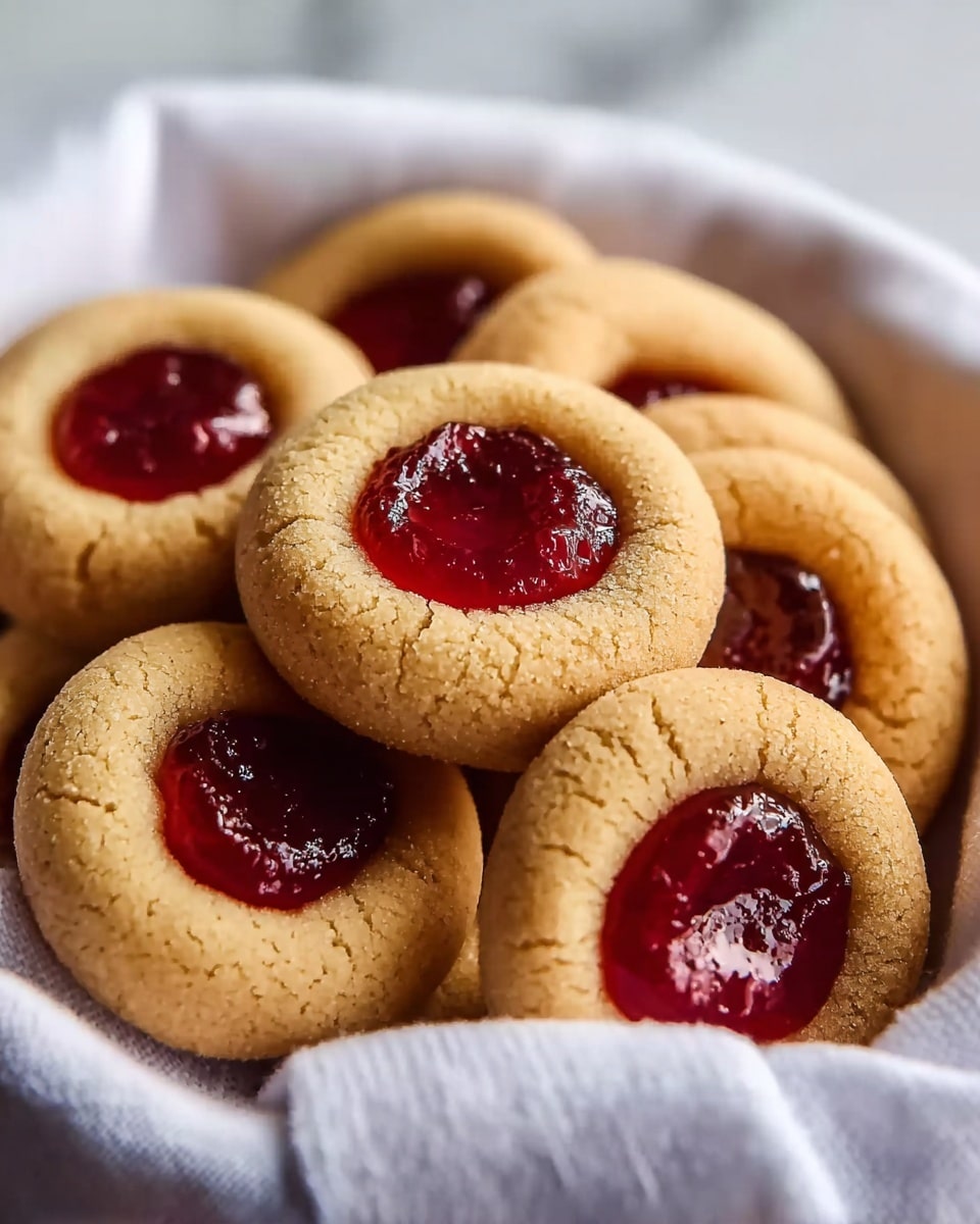 A close-up view of several thumbprint cookies piled inside a white bowl lined with a white cloth. Each cookie has one smooth, golden-brown round layer with a soft texture and a slightly raised edge holding a shiny, deep red jam filling in the center. The contrast between the warm cookie color and glossy jam makes the cookies look fresh and inviting. The soft cloth peeks out around the cookies, all resting on a white marbled surface. photo taken with an iphone --ar 4:5 --v 7