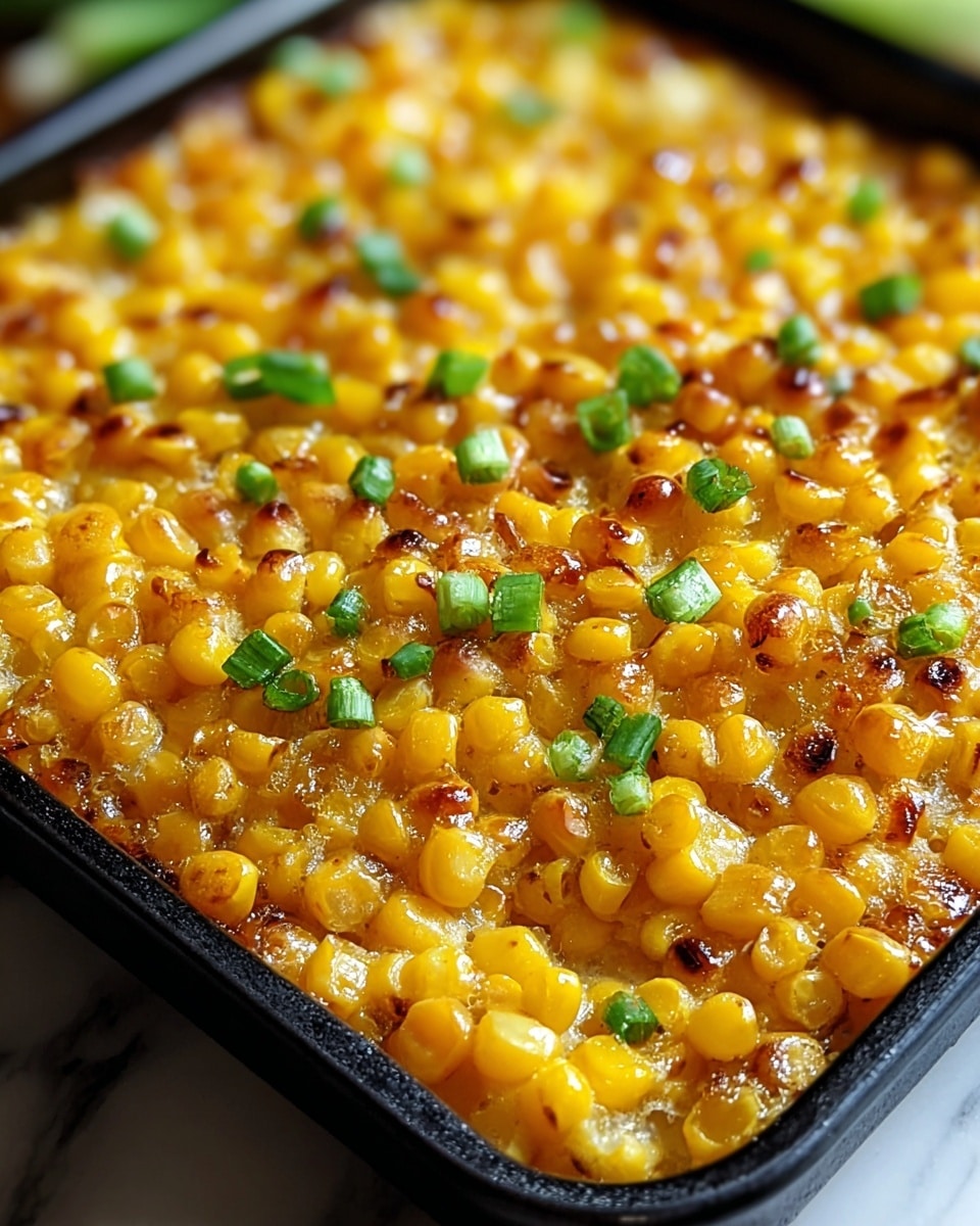 A close-up view of a baked corn dish in a black square pan, filled with golden-yellow corn kernels that are shiny with melted butter and slightly browned in spots, giving a toasted texture. Scattered small pieces of chopped green onions add a fresh green color contrast on the top layer. The pan sits on a white marbled surface, highlighting the warm and rich colors of the corn. photo taken with an iphone --ar 4:5 --v 7
