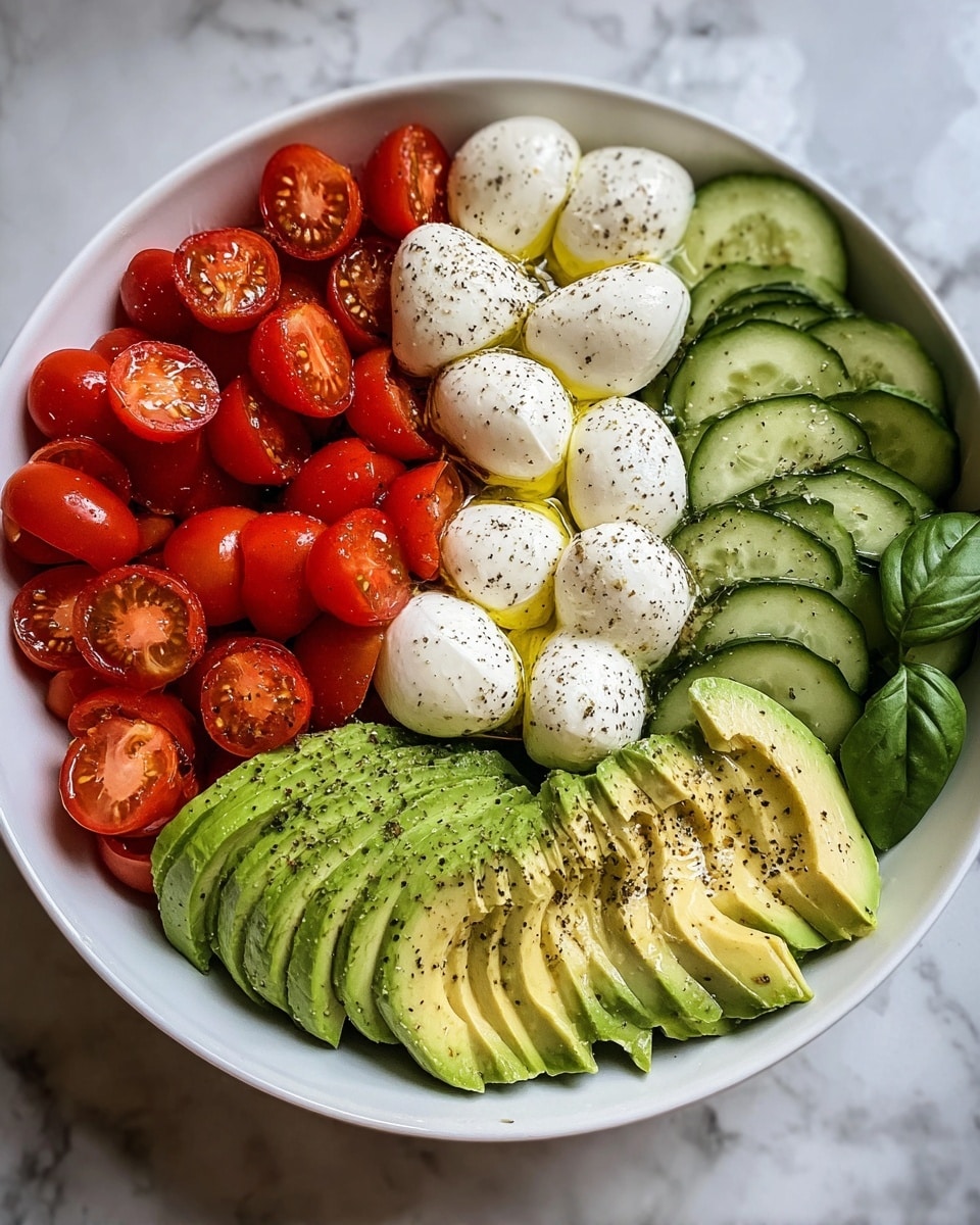 A white bowl filled with fresh food items arranged in sections: bright red cherry tomatoes packed tightly on the top left and right sides, smooth white mozzarella balls in the center with a light drizzle of olive oil and black pepper on top, sliced green cucumber pieces lined on the bottom left, and sliced avocado pieces with a creamy light green color and sprinkled black pepper on the top right. A few fresh green basil leaves peek from the right edge. The bowl sits on a white marbled texture. photo taken with an iphone --ar 4:5 --v 7