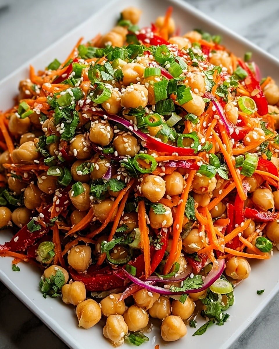 A white square plate filled with a fresh chickpea salad piled high with three main layers: the base layer is round, light beige chickpeas; the middle layer contains thin, shredded bright orange carrot sticks and sliced red bell peppers; the top layer shows chopped green onions, fresh cilantro leaves, and toasted white sesame seeds scattered across, all sitting on a white marbled surface. photo taken with an iphone --ar 4:5 --v 7