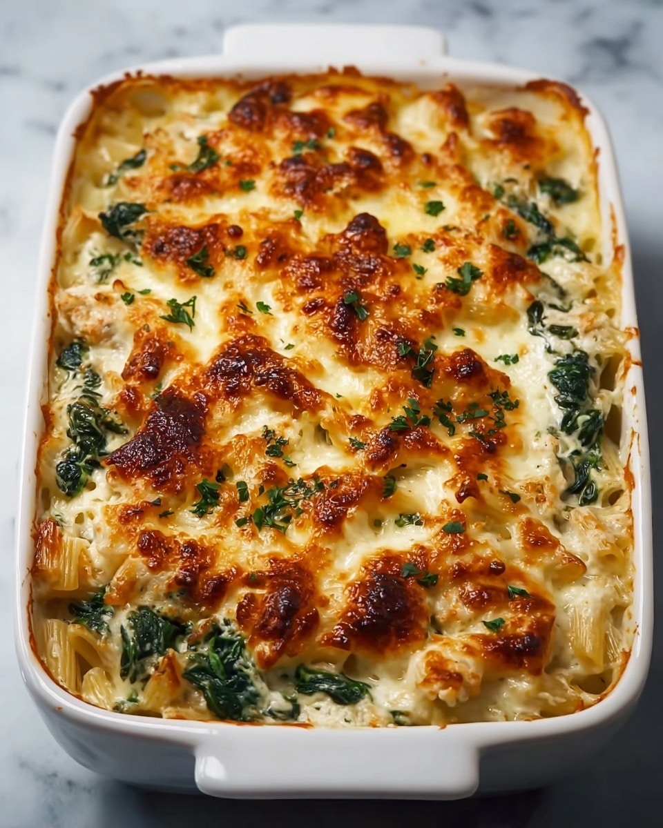 A baked dish in a white rectangular casserole shows three visible layers: the bottom layer has cooked pasta with a creamy texture partly covered by leafy green spinach in the middle layer, while the top layer is a golden brown melted cheese with browned spots and some scattered green herbs on top. The cheese layer looks bubbly and slightly crispy along the edges. The casserole sits on a white marbled surface. photo taken with an iphone --ar 4:5 --v 7