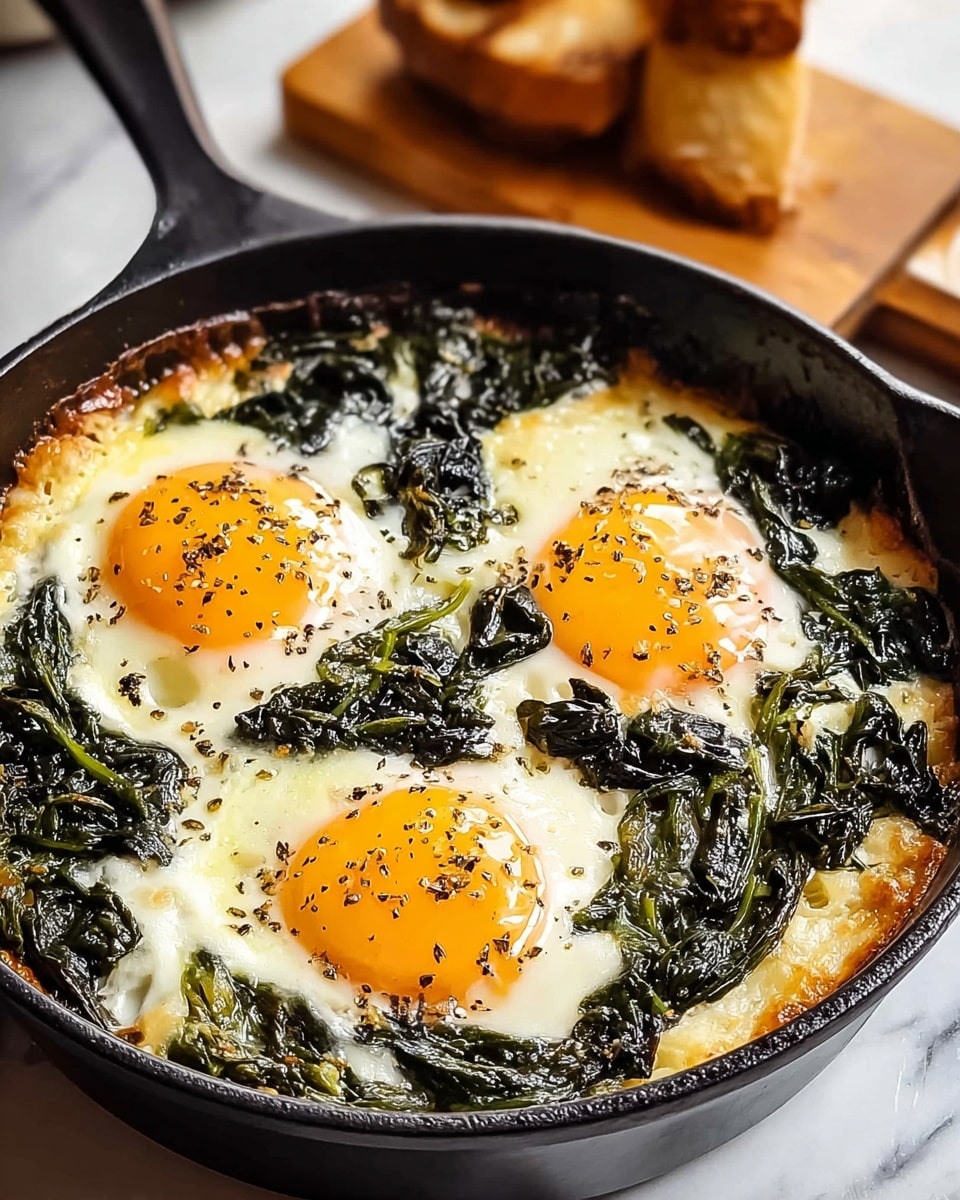 A dark skillet filled with a dish of three cooked eggs with bright yellow yolks sitting on top of a melted white cheese layer, scattered with wilted dark green leafy vegetables, and sprinkled with black pepper. The cheese around the edges is golden brown and slightly crispy. The skillet rests on a white marbled surface with a wooden board blurred in the background. photo taken with an iphone --ar 4:5 --v 7