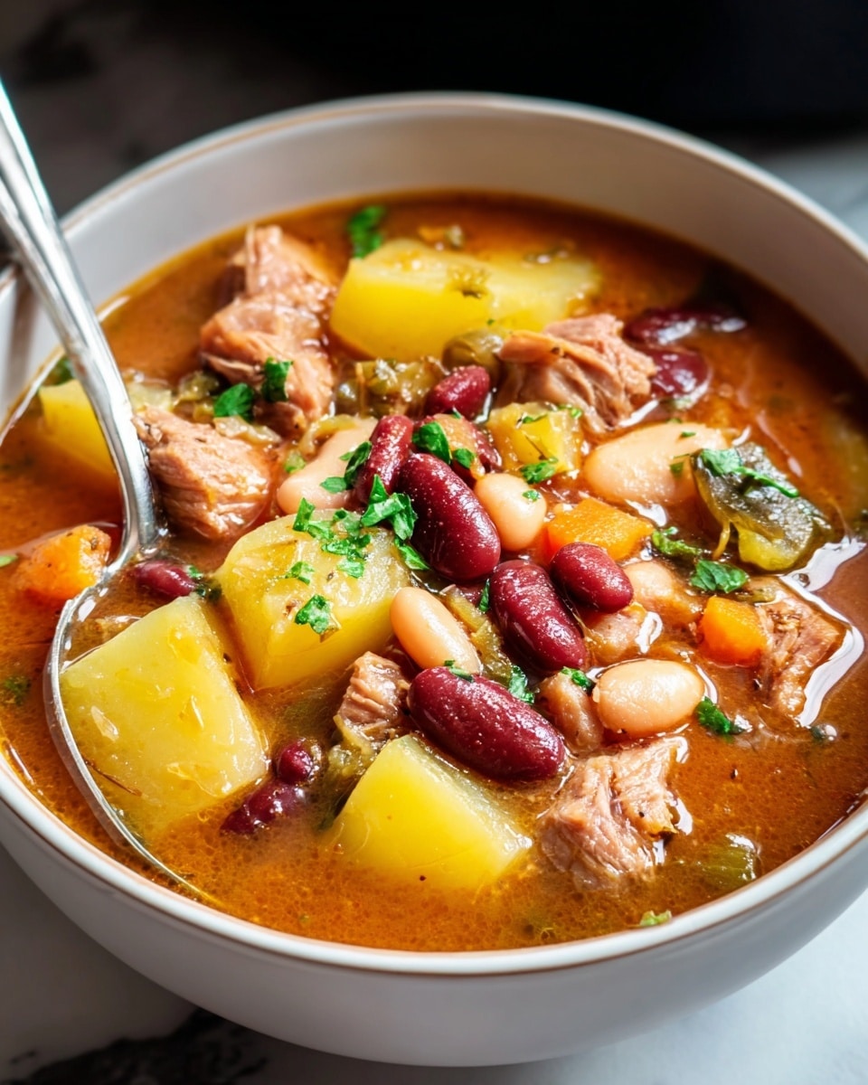 A white bowl filled with a thick stew showing several layers of ingredients: the base layer is a rich brown broth, topped with chunks of light yellow potatoes, red kidney beans, light tan beans, and pieces of tender, light brown meat. Scattered chopped green herbs add a fresh touch on top. A silver spoon rests inside the bowl. The bowl is placed on a white marbled surface. Photo taken with an iphone --ar 4:5 --v 7