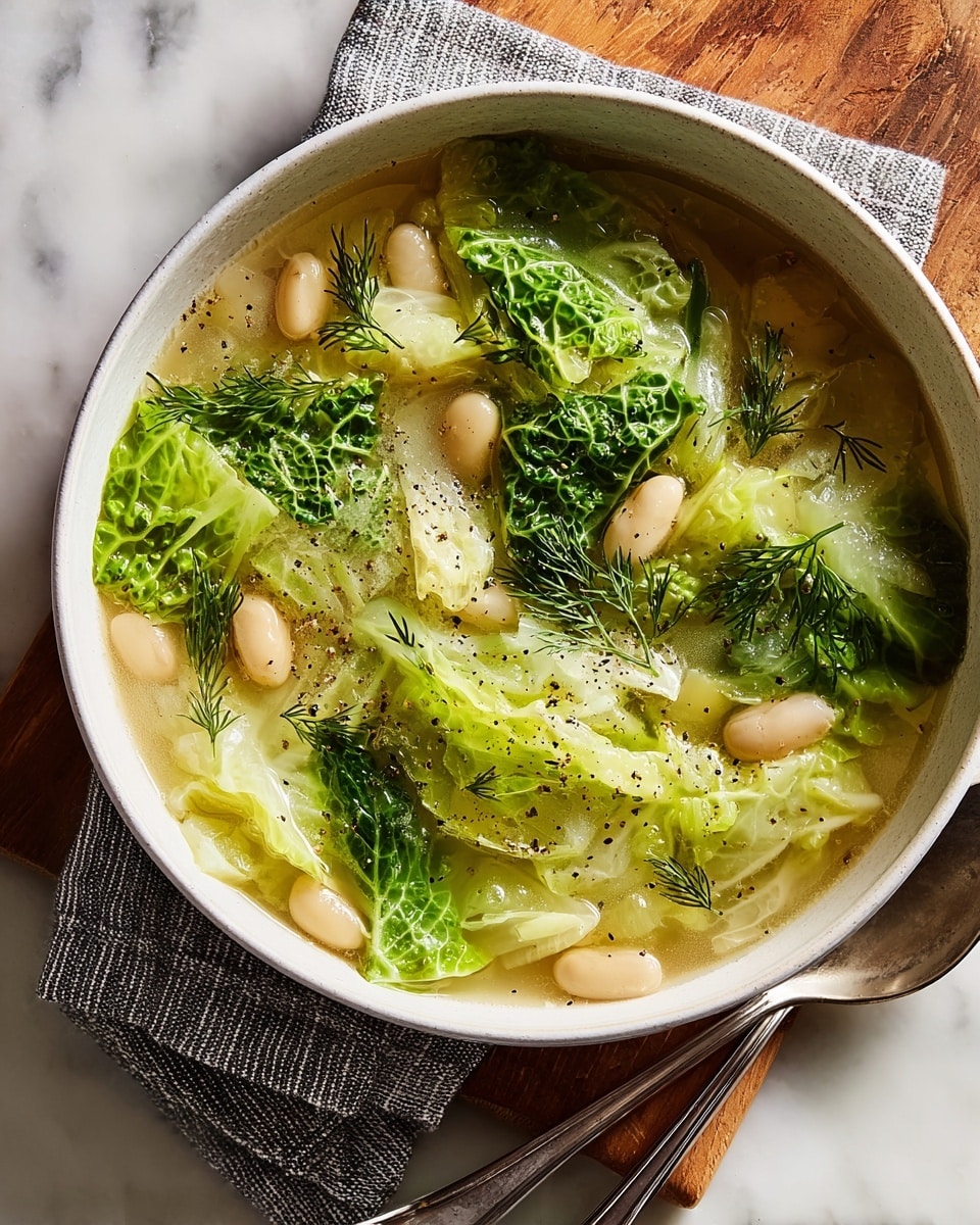 A white bowl filled with clear broth soup containing several large light green cabbage leaves and white beans floating in it, scattered fresh green dill sprigs on top, and a sprinkle of black pepper over the surface. The bowl sits on a wooden board partially covered by a gray and white striped cloth, all placed on a white marbled textured surface. A silver spoon lies next to the bowl on the wooden board. Photo taken with an iphone --ar 4:5 --v 7