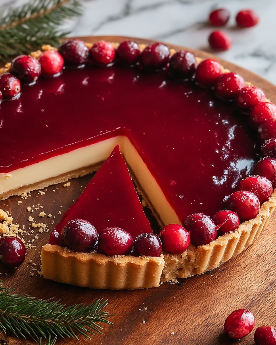 A round tart with one slice removed, showing its three layers: a golden-brown crust with a slightly flaky edge, a thin pale yellow middle layer, and a smooth, glossy deep red top layer. Fresh whole cranberries line the edge of the tart, evenly spaced, with their shiny surfaces reflecting light. The tart sits on a wooden board with some green pine needles peeking from underneath and a few cranberries placed nearby. The background features a white marbled texture. photo taken with an iphone --ar 4:5 --v 7