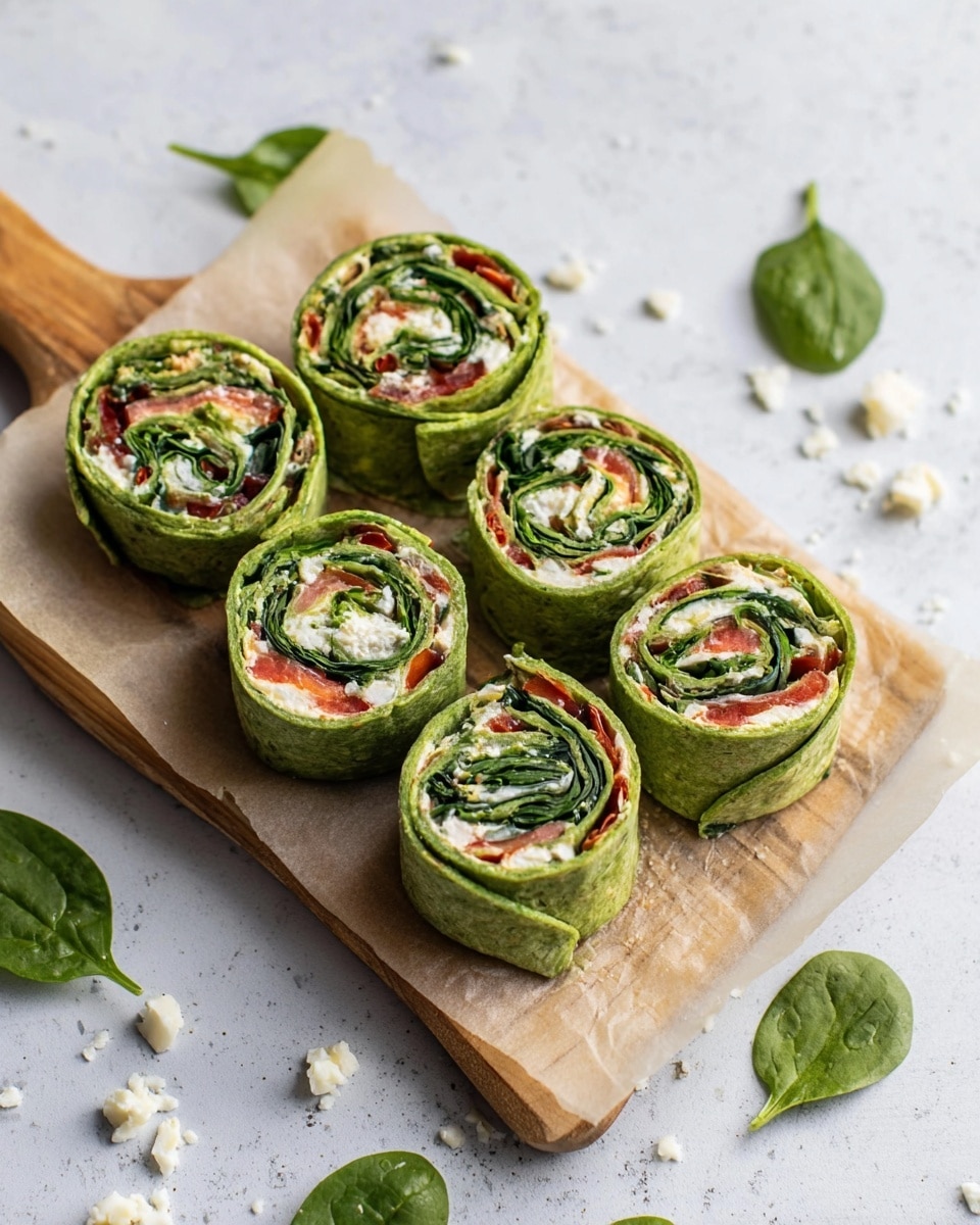 The image shows six spinach wraps cut into round pinwheel shapes, placed in two rows on a piece of parchment paper on a wooden serving board. Each wrap has four visible layers starting from the outer green spinach tortilla, followed by a layer of light white cheese, a layer of green leafy spinach mixed with some red tomato pieces, and a center of more cheese and tomato. The wraps have a fresh, colorful look with green, white, and red shades. The board sits on a white marbled surface with scattered bits of white cheese and green spinach leaves around it. Photo taken with an iphone --ar 4:5 --v 7