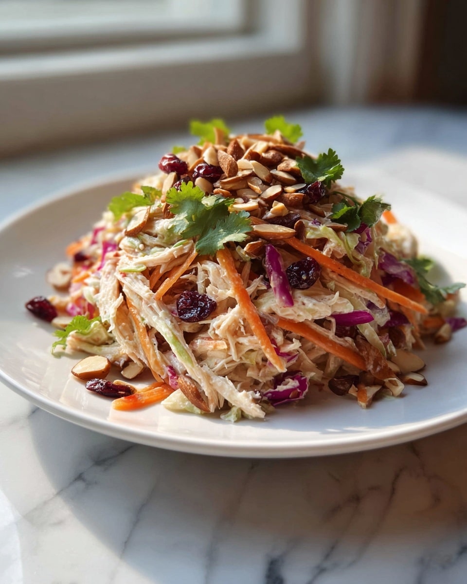 A white plate holds a colorful shredded chicken salad with several clear layers: the bottom layer is a mix of shredded chicken in light beige, thin orange carrot sticks, and small pieces of purple cabbage. Above this is a scattering of dark red dried cranberries and fresh green cilantro leaves. The top layer is covered with roughly chopped light brown almonds, adding texture. The plate sits on a white marbled surface with soft natural light coming from a window. photo taken with an iphone --ar 4:5 --v 7