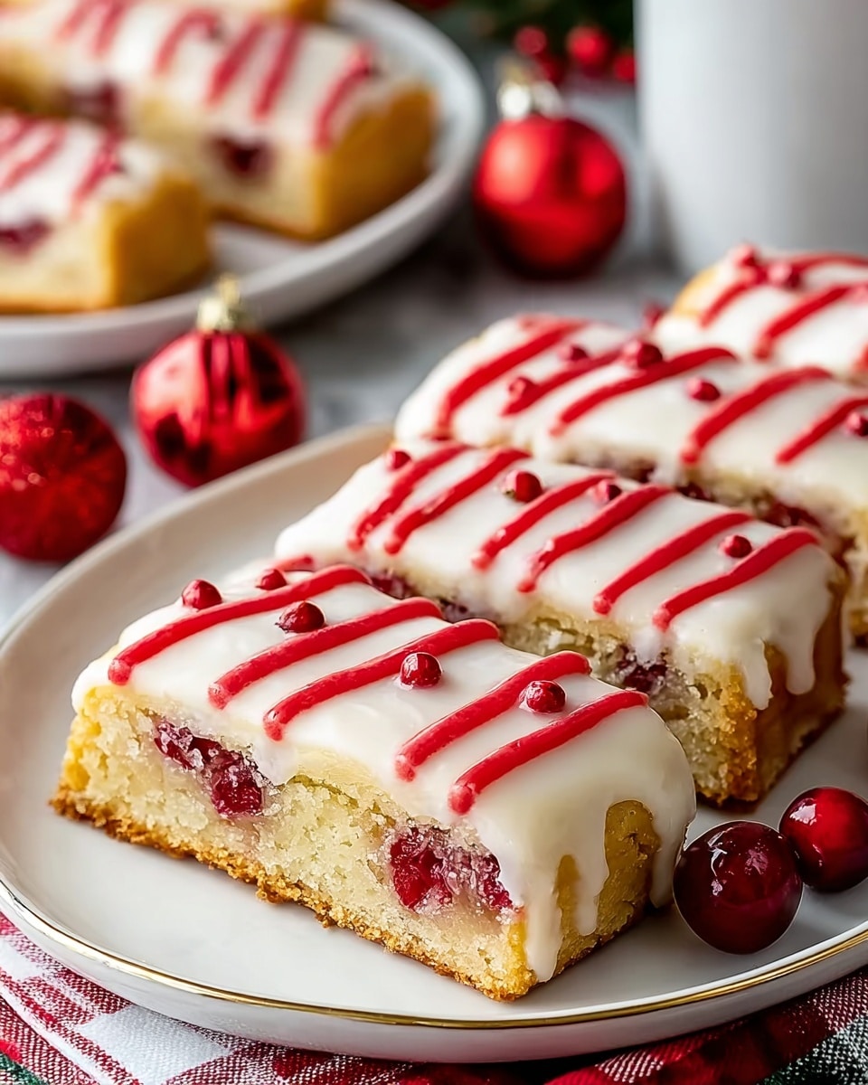 A close-up view of six rectangular pastries placed side by side on a white plate with a thin gold edge, set on a white marbled surface partially covered by a red and white checkered cloth. Each pastry has three visible layers: a golden-brown crust at the bottom, a thick pale filling with small bright red berries in the middle, and a pale cream-colored icing dripping over the top edges. Thin red stripes of icing run across the top, with small red berry-like dots scattered on the icing. In the background, another white plate with more pastries and some red ornaments add a festive touch. Photo taken with an iphone --ar 4:5 --v 7