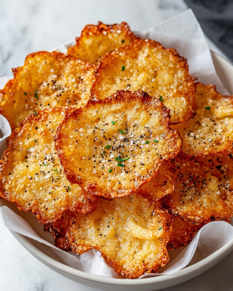 A bowl filled with several crispy, golden brown cheese crisps stacked unevenly on top of each other, each crisp having a crinkly, slightly curled edge and a bubbly texture. The cheese crisps are sprinkled with coarse salt, cracked black pepper, and small bits of green herbs, enhancing their crunchy surface. The bowl is white and lined with a piece of white parchment paper, all placed on a white marbled surface. The overall look shows a warm, crunchy snack with a flavorful seasoning. photo taken with an iphone --ar 4:5 --v 7