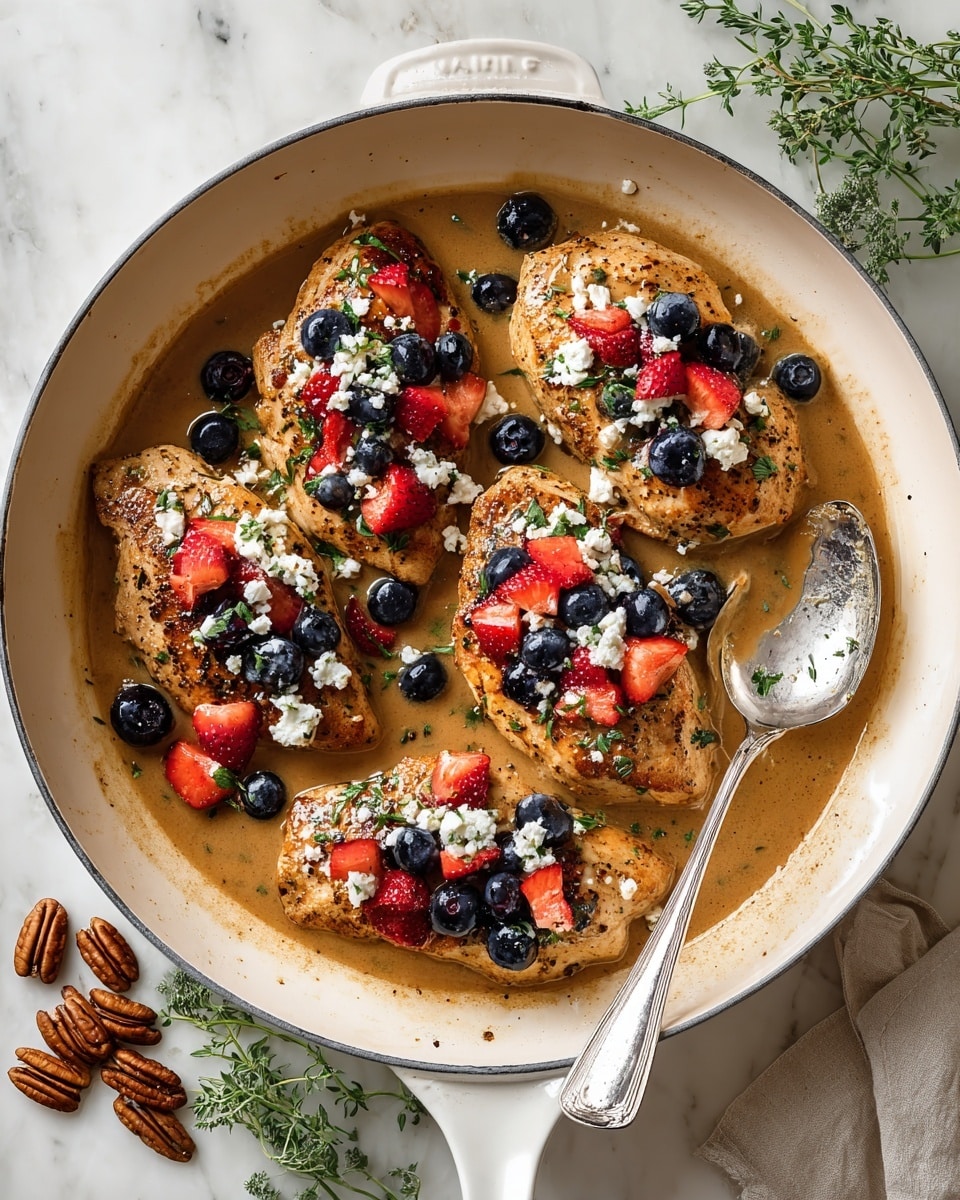 In a large white skillet, five golden brown chicken breasts are laid out in a shallow pool of creamy brown sauce. On top of each breast, there is a colorful mix of dark blue blueberries, bright red chopped strawberries, and crumbled white cheese, sprinkled with small green herb leaves. To the left side of the skillet, two fresh green herb sprigs add a touch of natural color. A large silver spoon rests on the right side inside the skillet. The skillet is placed on a white marbled surface with some whole brown pecans scattered near the bottom left edge of the image. photo taken with an iphone --ar 4:5 --v 7