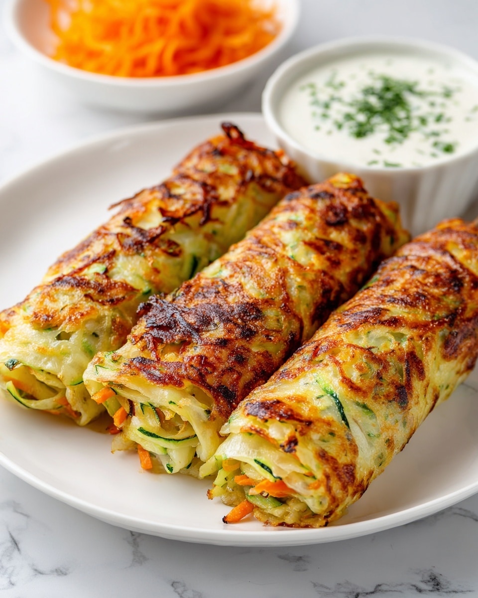 Three golden brown, crispy rolls sit side by side on a white plate. Each roll has visible layers of light green zucchini, small bits of orange carrot, and a pale interior, all tightly packed and slightly glossy. The rolls have textured, browned crusts on top with some darker spots from frying. In the background, there is a small white bowl of white creamy sauce topped with green herbs, and a bit of shredded orange carrot on the side, all placed on a white marbled surface. photo taken with an iphone --ar 4:5 --v 7