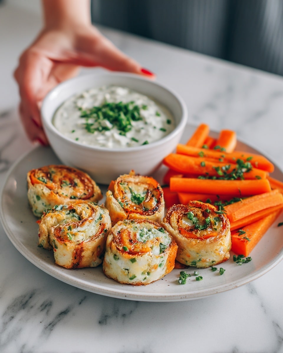 The image shows a white plate with two main parts. At the front, there are six pieces of golden-browned baked rolls made of a mix of green, white, and orange layers, with a crisp top and visible small green herbs inside. Behind the rolls, there are bright orange carrot sticks arranged in a small pile and sprinkled with fresh chopped green herbs. In the background on the white marbled surface, there is a white bowl filled with a creamy white dip, also topped with green herbs. A woman's hand is gently holding the bowl. Photo taken with an iphone --ar 4:5 --v 7