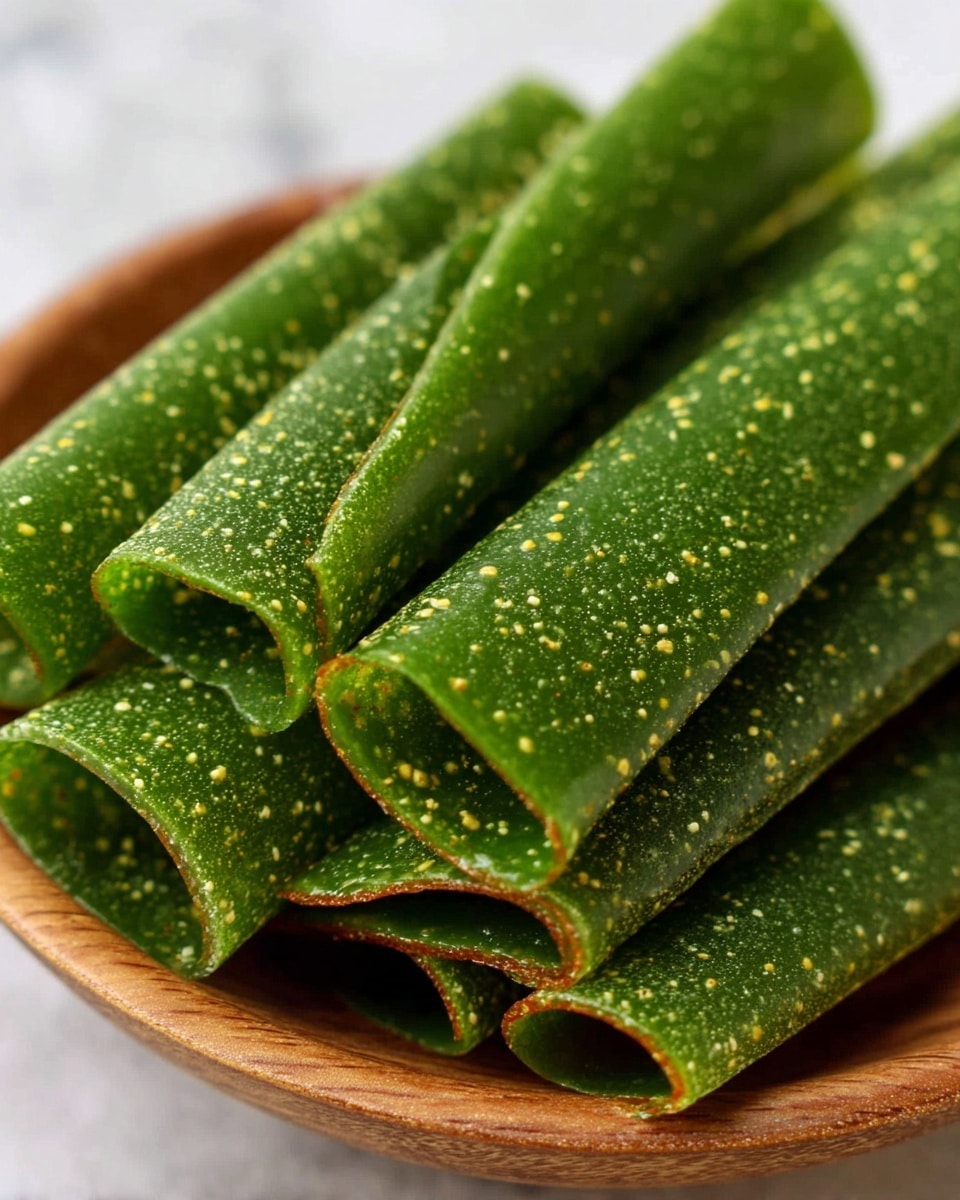 A close-up image shows several shiny, green rolled fruit leather strips stacked in a white wooden bowl; each green strip is speckled with tiny light yellow and darker green bits, giving a textured look, and the edges of the strips are slightly orange. The background and surface are a white marbled texture. photo taken with an iphone --ar 4:5 --v 7