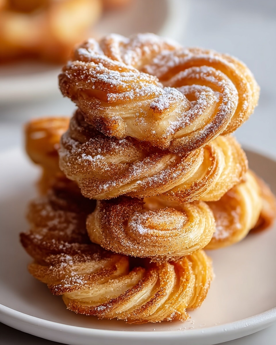 A close-up view shows a stack of five twisted, spiral pastries on a white plate. Each pastry has multiple thin, flaky layers with a light golden-brown color and crisp texture. The spirals are coated with cinnamon sugar, giving a darker brown contrast in the grooves, and dusted lightly with white powdered sugar on top. The background is softly blurred, with the plate resting on a white marbled surface. photo taken with an iphone --ar 4:5 --v 7