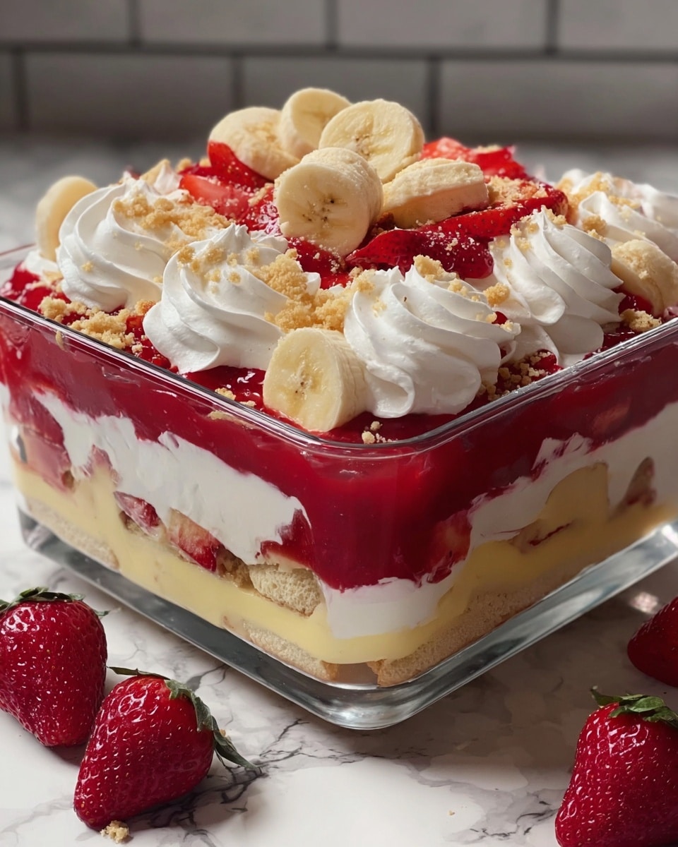 A clear square glass dish holds a layered dessert starting with a bright red strawberry sauce at the bottom, followed by a pale yellow creamy custard layer mixed with chunks of light beige cake or cookies. Above this is a thick white whipped cream layer, topped with more red strawberry sauce spread unevenly. On top of the strawberry sauce, fresh banana slices and halved strawberries are arranged, scattered with crushed light beige cookie pieces. The dessert is finished with three large swirls of whipped cream in the center. The dish sits on a white marbled surface with extra whole strawberries placed on the side. photo taken with an iphone --ar 4:5 --v 7