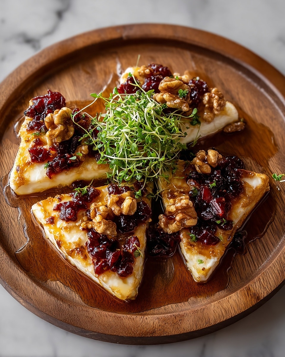 The dish shows four triangular pieces of grilled white cheese on a round wooden plate, each piece topped with a layer of shiny dark red berries mixed with whole walnut halves, all coated in a golden syrup glaze that drips slightly on the plate. In the center of the cheese pieces, there is a small bunch of fresh green herbs with thin stems and tiny leaves, adding height and color contrast to the arrangement. The background is a white marbled texture. Photo taken with an iphone --ar 4:5 --v 7