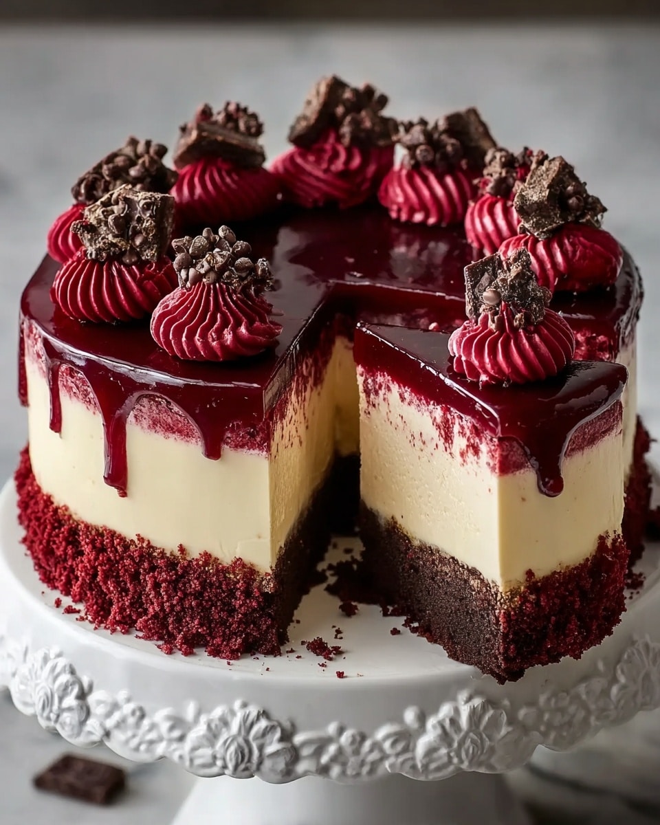 A layered cake with three visible layers sits on a white cake stand with floral details. The bottom layer is dark brown and looks dense and moist. Above it is a smooth, light cream-colored middle layer. The top layer is a rich dark red jelly or sauce that drips slightly down the sides. The sides of the cake are covered in dark red crumbs. Around the top edge, there are eight dollops of bright dark red cream, each decorated with small dark chocolate chips and chocolate chunks. One slice is removed, showing the clear separation of layers and the creamy texture of the middle layer. The cake sits on a white marbled surface. photo taken with an iphone --ar 4:5 --v 7