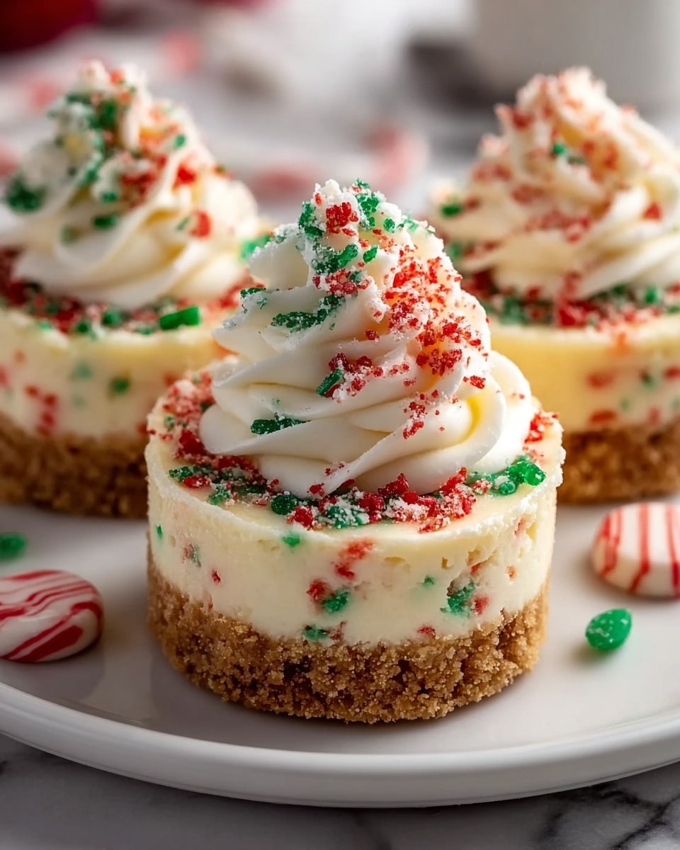 A small round cheesecake with three visible layers is shown on a white plate over a white marbled surface. The bottom layer is a thick, crumbly, golden brown crust. The middle layer is a smooth, creamy off-white cheesecake with red and green crumbs mixed in near the top edges. The top layer is a swirl of white whipped cream frosting, sprinkled generously with red and green crumbs, giving it a festive look. In the background, two more cheesecakes with similar decoration are slightly blurred, along with small candy pieces. Photo taken with an iphone --ar 4:5 --v 7