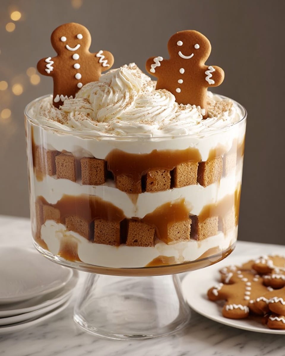 The image shows a clear glass trifle bowl filled with a layered dessert on a white marbled surface. The dessert has five distinct layers starting at the bottom with small, light brown cake cubes, followed by a white creamy layer, then a smooth caramel layer, another layer of the same cake cubes, more white cream, another caramel layer, and topped with more white cream. Two gingerbread people cookies with white icing faces and arm decorations are stuck into the top cream layer, which also has a small swirl of cream between the cookies. In the background, there is a white plate with additional gingerbread cookies. The photo taken with an iphone --ar 4:5 --v 7