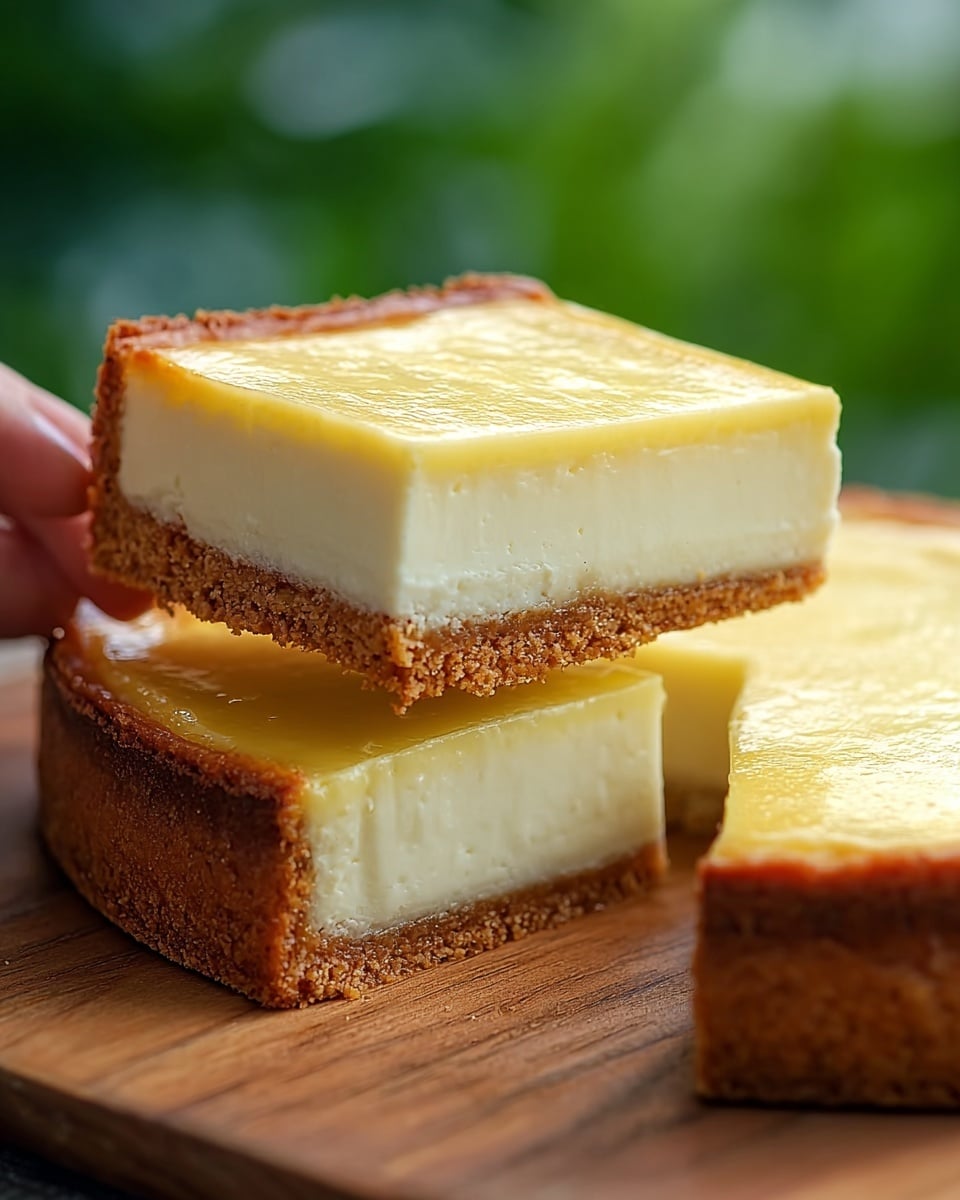 A square lemon bar dessert in a dark baking pan with one piece cut out and lifted by a metal spatula; it has two main layers, a thick crumbly golden-brown crust on the bottom and edges, and a smooth, shiny, pale yellow lemon filling on top, all with clean straight edges, on a white marbled surface with green blurred foliage in the background, photo taken with an iphone --ar 4:5 --v 7