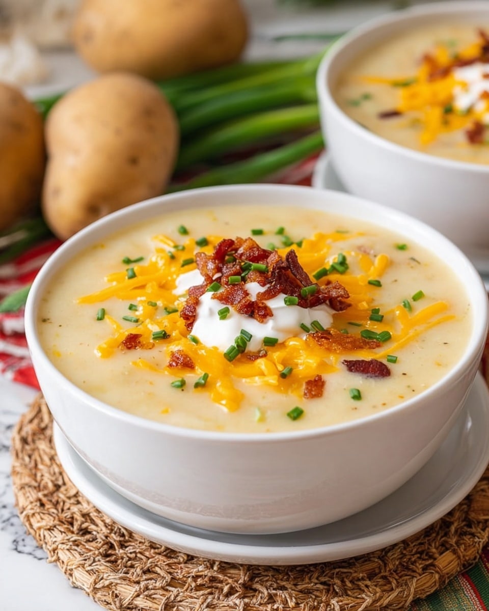 The image shows a white bowl filled with creamy, pale yellow potato soup as the base layer, with small soft potato chunks visible under the smooth surface. On top, there is a generous layer of shredded bright orange cheddar cheese scattered around. A dollop of white sour cream sits right in the center, topped with crispy, dark reddish-brown bacon bits. Fresh green chopped chives are sprinkled over the soup, cheese, and bacon, adding color and texture. The bowl rests on another white bowl, both placed on a woven natural mat with some whole potatoes blurred in the background and a white marbled surface beneath. photo taken with an iphone --ar 4:5 --v 7
