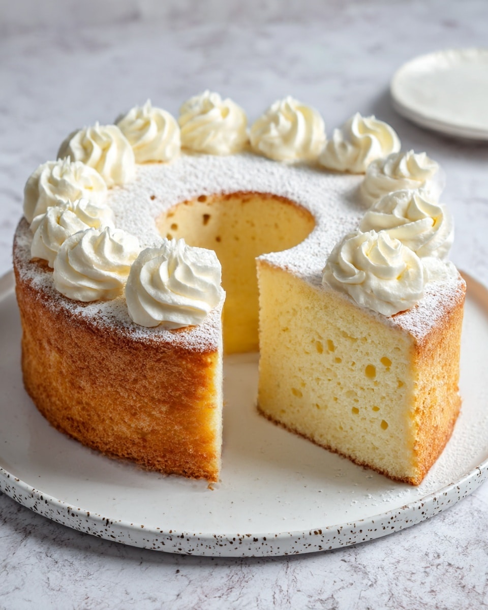 The image shows a two-layer round cake with a hole in the middle, similar to a chiffon or sponge cake. The bottom layer is golden brown with a slightly rough texture, while the upper layer is pale yellow and smooth with small air holes. The top surface has a light dusting of powdered sugar and eight swirls of creamy white frosting evenly spaced around the cake's edge. A slice is cut out, revealing the soft, airy interior. The cake is placed on a white plate with a speckled rim, set on a white marbled textured surface. Photo taken with an iphone --ar 4:5 --v 7