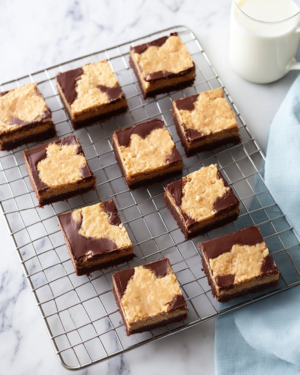 Nine square pieces of a dessert are placed on a metal cooling rack set on a white marbled surface. Each piece shows two visible layers: a dark chocolate brown layer that looks smooth and shiny, and a rough, uneven light beige topping that covers parts of the top, creating a spotted pattern on each square. The pieces appear moist and soft, with some edges showing slight cracks. In the upper right corner, there is a white cup of milk sitting on a pale blue cloth. Photo taken with an iphone --ar 4:5 --v 7